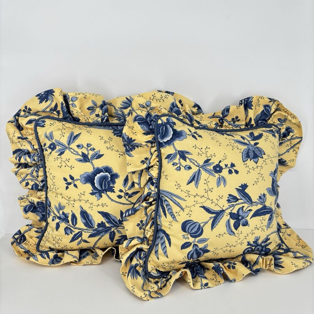 2 Waverly Home Ruffle Pillows 100% Cotton Yellow & Blue Floral 21” Square NWOT